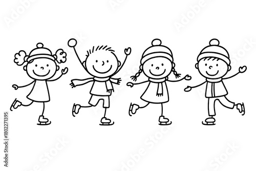 Happy stick figure children ice skating wearing winter hats and scarves