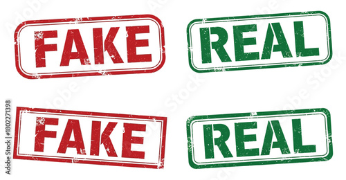 Grunge Style Stamps Featuring Fake in Red and Real in Green on White