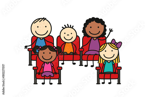 Diverse group of happy children sitting in bright red theater seats