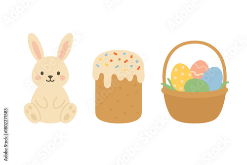 Charming Easter bunny, kulich bread, and decorated eggs in basket
