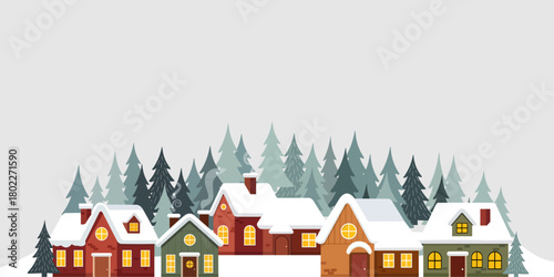 Cozy Winter Village Landscape with Snow Covered Houses, Pine Trees, and Smoking Chimneys