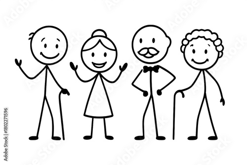 Happy stick figure group representing elderly people and family members