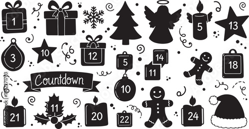 Festive Advent Calendar Elements in Black and White Doodle Style
