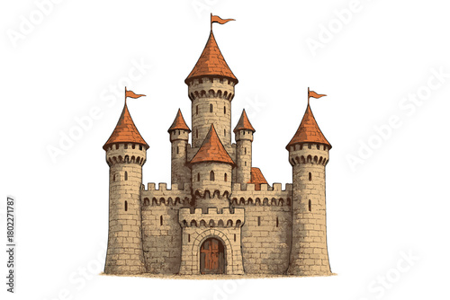 Stone medieval castle with multiple towers and conical orange roofs