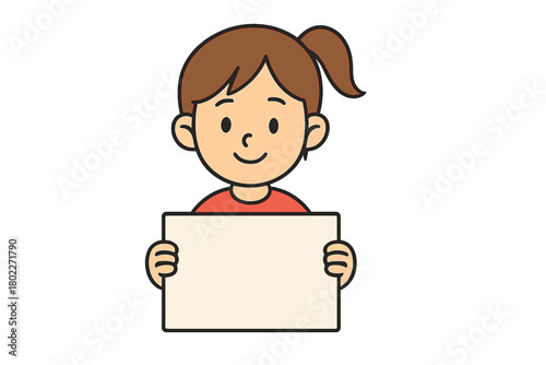 Smiling young girl holding blank rectangular sign or message board