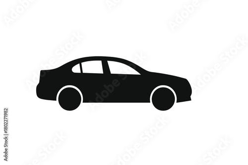 Minimalist black silhouette of a modern four-door passenger sedan in profile