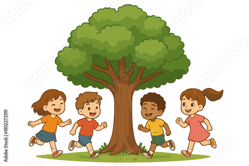 Joyful diverse children running around large green tree in sunny park