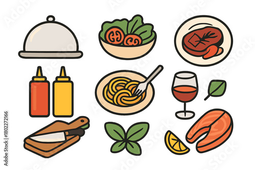 Set of assorted icons for restaurant service and culinary cooking elements