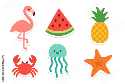 Collection of tropical and sea life sticker icons featuring flamingo, fruit, and marine animals