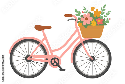 Pink bicycle with wicker basket filled with colorful spring flowers