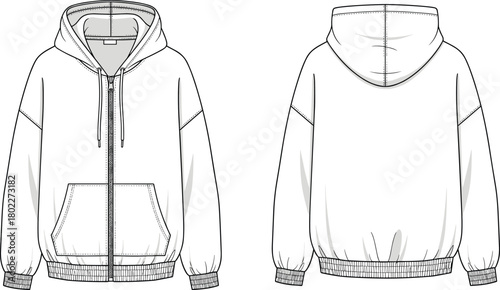 Oversized zip-up hoodie technical flat sketch, front and back views. Fashion apparel design template, vector streetwear mockup with kangaroo pocket, isolated.