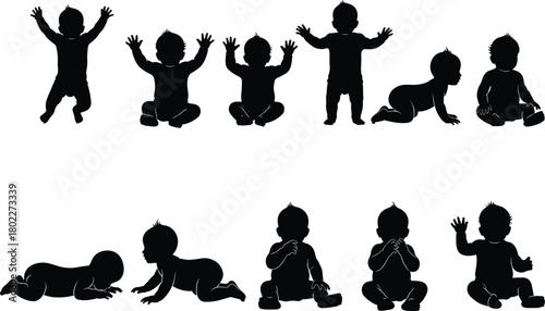 Set of cute baby silhouettes, collection of infant poses, sitting, crawling, standing, and playing, isolated on white background.