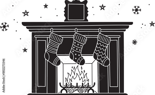 Festive fireplace with Christmas stockings stars and snowflakes decoration monochrome style