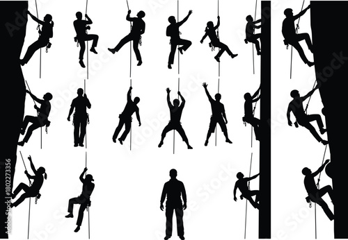 Set of rock climbing silhouettes, collection of climbers on cliffs, rappelling, and rope climbing, adventure sport figures, isolated on white.