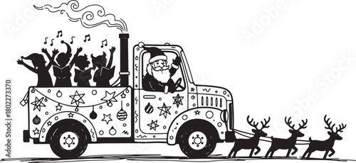Festive Christmas Truck with Santa Choir and Reindeer Silhouette
