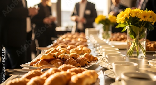 Wallpaper Mural Breakfast at a business conference with croissants, coffee, and yellow flowers Torontodigital.ca