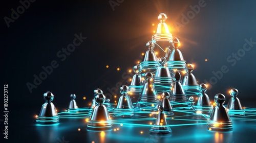 Dynamic network of chess figures represents leadership and team connection, glowing leadership at top, perfect for business strategy or innovation concepts