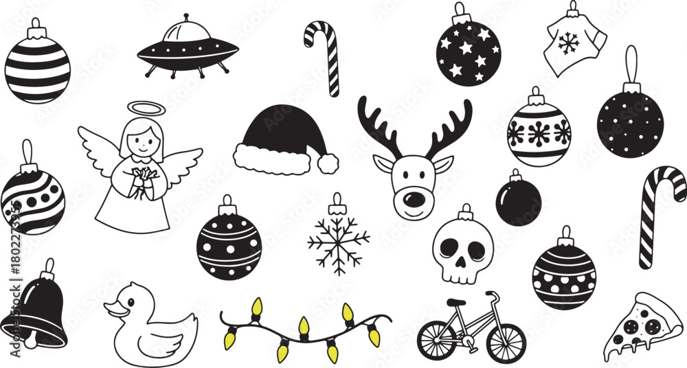 Obraz premium Festive Holiday Season Black and White Doodle Set with Whimsical Designs