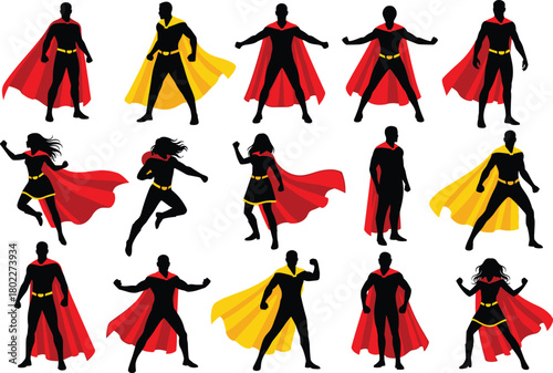 Superhero silhouettes vector set with red and yellow capes. Male and female heroes in powerful standing and flying poses.