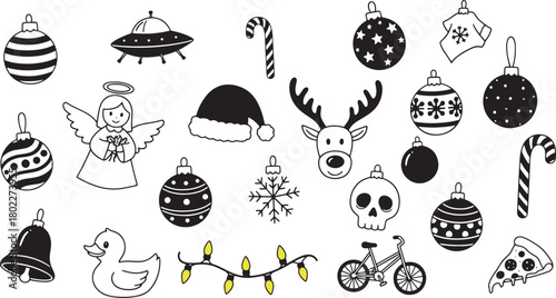 Festive Holiday Season Black and White Doodle Set with Whimsical Designs