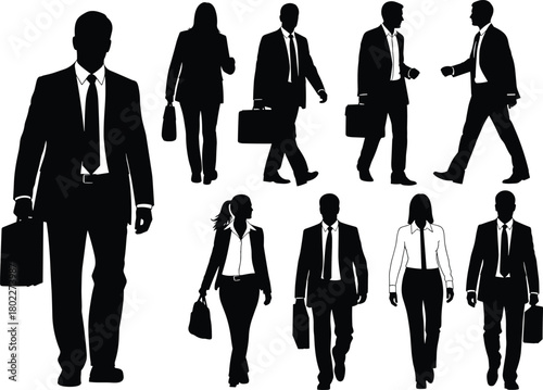Vector set of business people silhouettes. Includes businessmen and businesswomen in suits walking and standing with briefcases. Isolated collection.