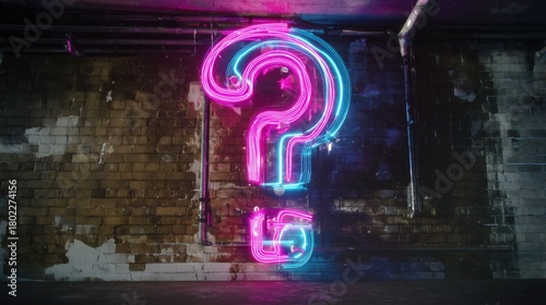 Neon question mark shining bright against a grunge brick wall, a symbol of mystery, ideas, and creative problem solving in a modern setting