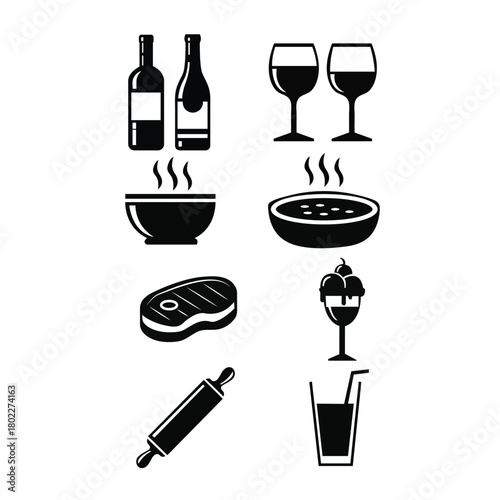 Variety of food, beverage, and dining black silhouette icons including wine, steak, soup, and kitchen utensil symbols