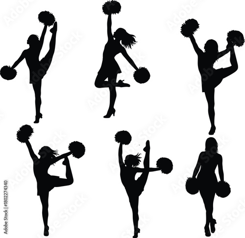 Set of cheerleader silhouettes with pom-poms in various dance and sport poses. Isolated black vector collection of active girls.