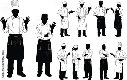 Vector set of chef silhouettes and cooks in uniform. Male and female culinary professionals in various poses with hats and aprons.