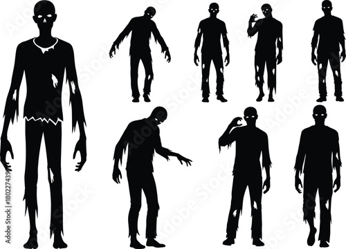 Zombie silhouettes vector set showing various walking and standing poses. Isolated black collection of undead monsters for a Halloween horror design.
