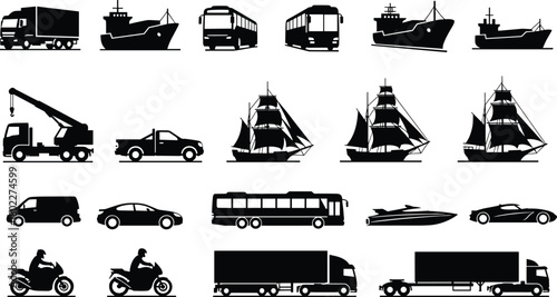 Transport vehicle silhouette collection, vector icon set of truck, car, bus, ship, motorcycle, sailboat, and speedboat, isolated on white.