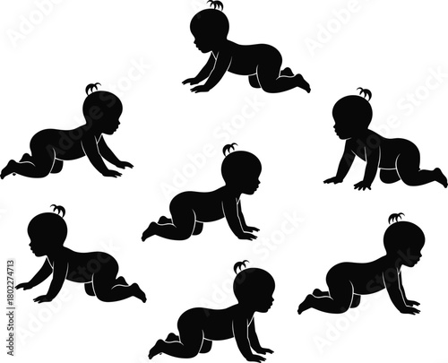 Set of crawling baby silhouettes, infant girl with pigtail, collection of toddler poses, black vector icon set, isolated on white.