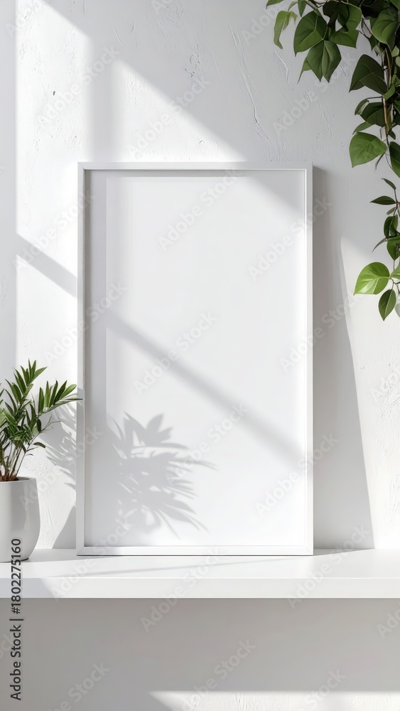 Fototapeta premium White Frame Mockup with Plant and Sunlight Shadows on a Shelf.