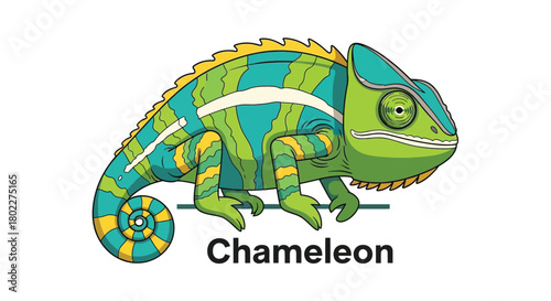 Colorful cartoon chameleon perched on a branch displaying vibrant patterns