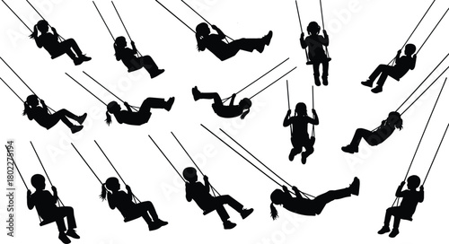 Large collection of children silhouettes on swings, girls playing, vector icon set for playground or park, isolated on white.