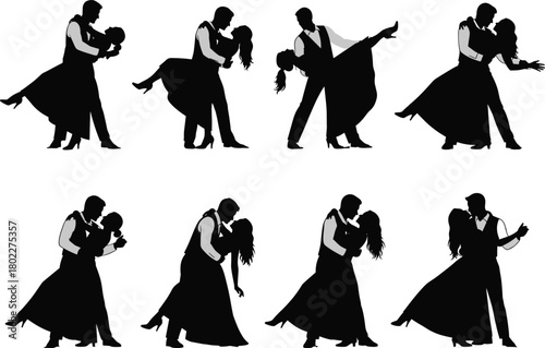 Set of couple dancing silhouettes, man and woman in formal ballroom dance poses, vector collection for wedding, isolated on white.
