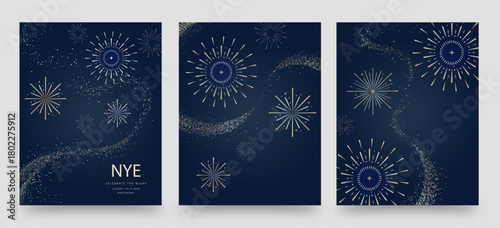 Elegant NYE Poster Banner Flyer Invite Vector Templates with Gold Fireworks, Sparkle Trails, and Dark Background for New Year Celebration