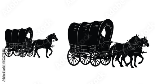 Black silhouette illustration depicting two horse drawn wagons traveling together