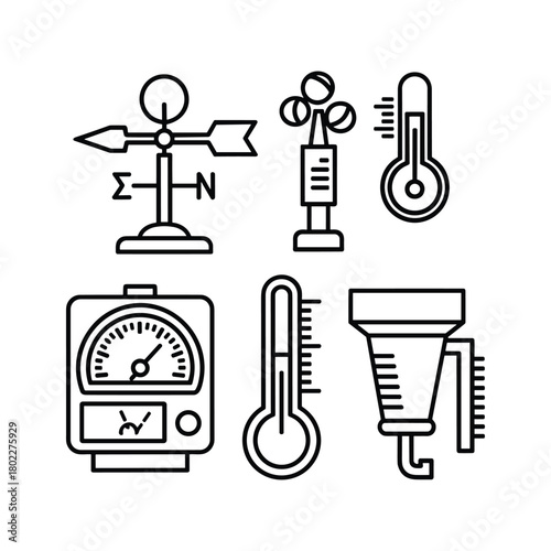 Outline icons of meteorological weather station instruments for climate measurement and forecasting vector set