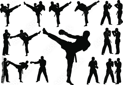 Collection of martial arts silhouettes, fighters in kickboxing, karate, and taekwondo poses, vector icon set for sport, isolated on white.