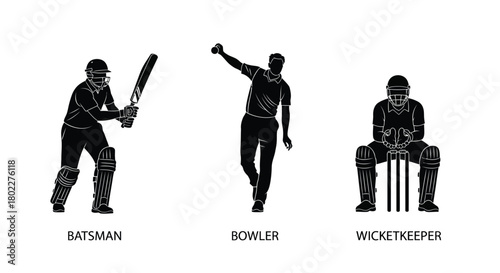 Silhouette illustration of a batsman bowler and wicketkeeper in cricket