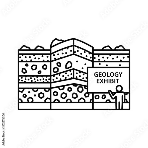 Geology exhibit icon featuring layered earth strata and a person observing, representing geological education and study
