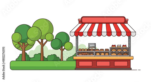 Charming outdoor market stall with baked goods and lush green trees