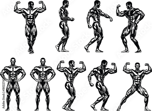 Bodybuilder posing set, collection of muscular man silhouettes, black and white vector icons for gym, fitness, and sport, isolated.
