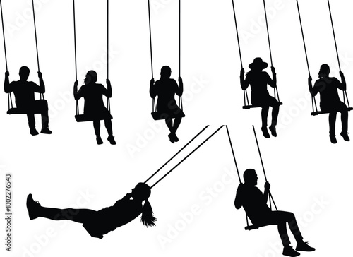 Collection of people on swings silhouettes, man and women playing, vector icon set for playground or leisure, isolated on white.