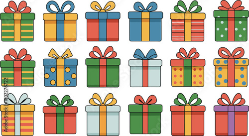 Large collection of cartoon gift boxes, colorful presents with ribbons, vector icon set for holiday, Christmas, and birthday, isolated.