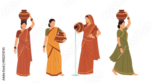 Indian women carrying earthen pots on their heads in traditional attire