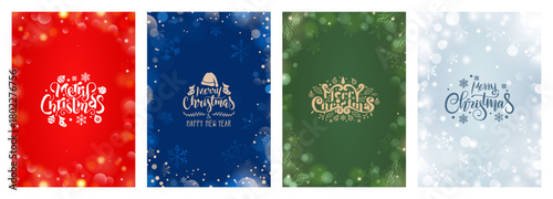 set of merry christmas greetings card background with typography, decorative elements, and bokeh effect