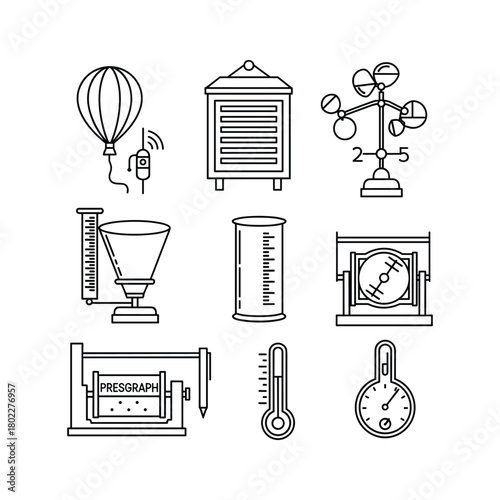 A comprehensive collection of outline icons illustrating meteorological equipment and weather measurement tools.