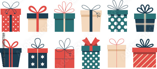 Simple flat design gift box collection, set of colorful presents with string bows, vector for Christmas, birthday, or holiday, isolated.
